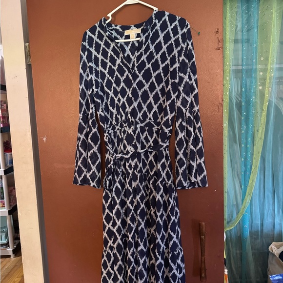 Michael Kors Navy and White Geometric Long Sleeve Dress - Picture 1 of 11